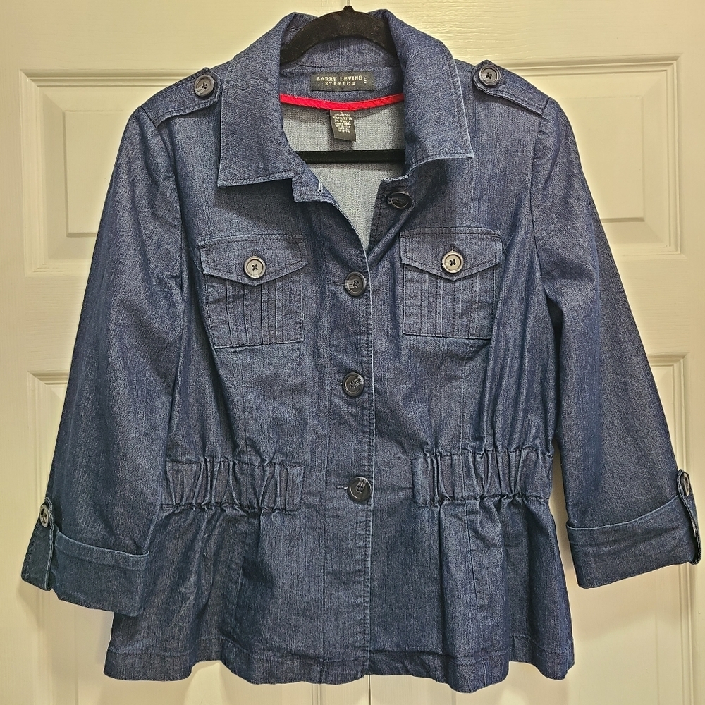 Vintage Larry Levine Stretch Dark Blue Denim Jacket Peplum Waist Stretch‎ Large